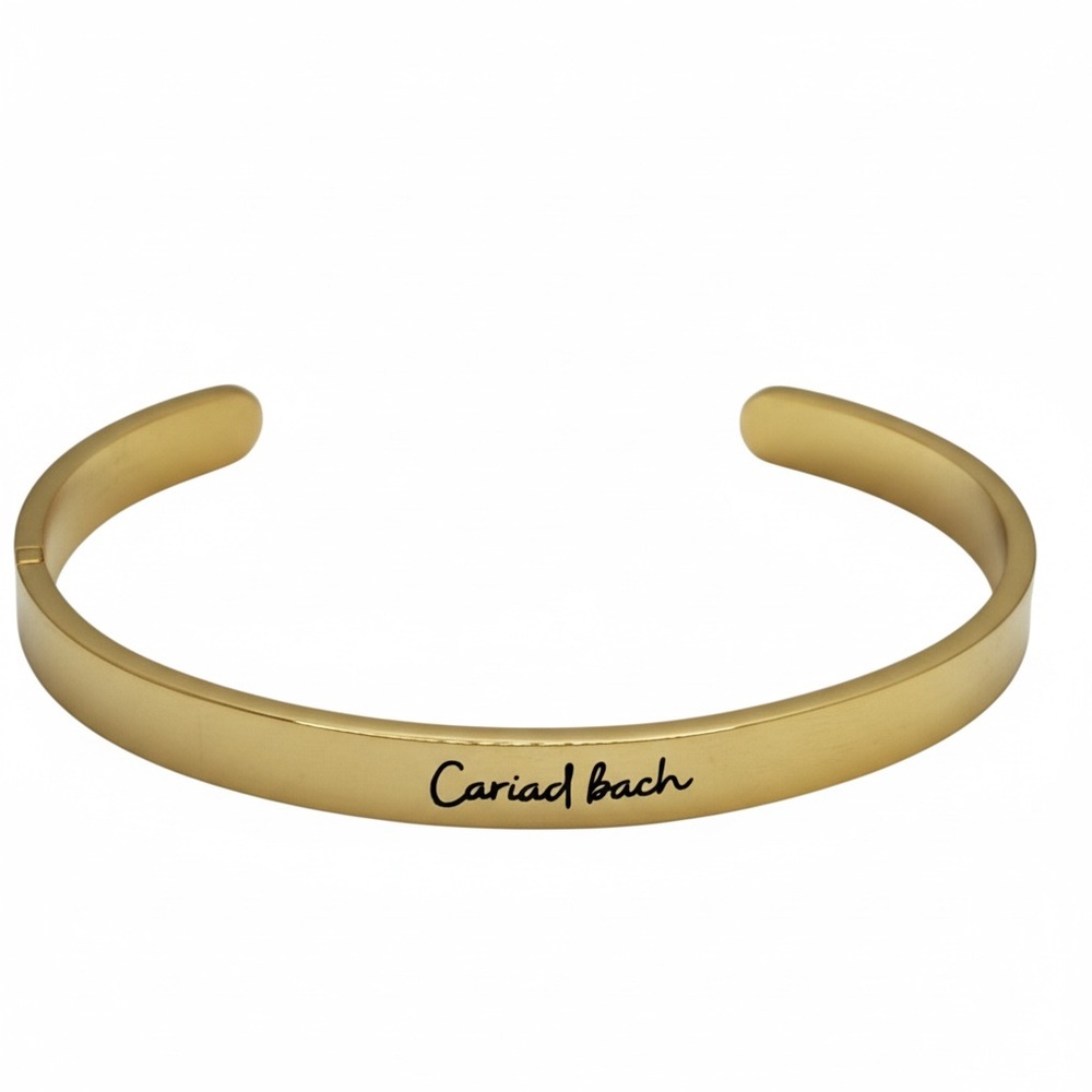 Gold Tone Cuff Bracelet Cariad Bach Engraved Bangle